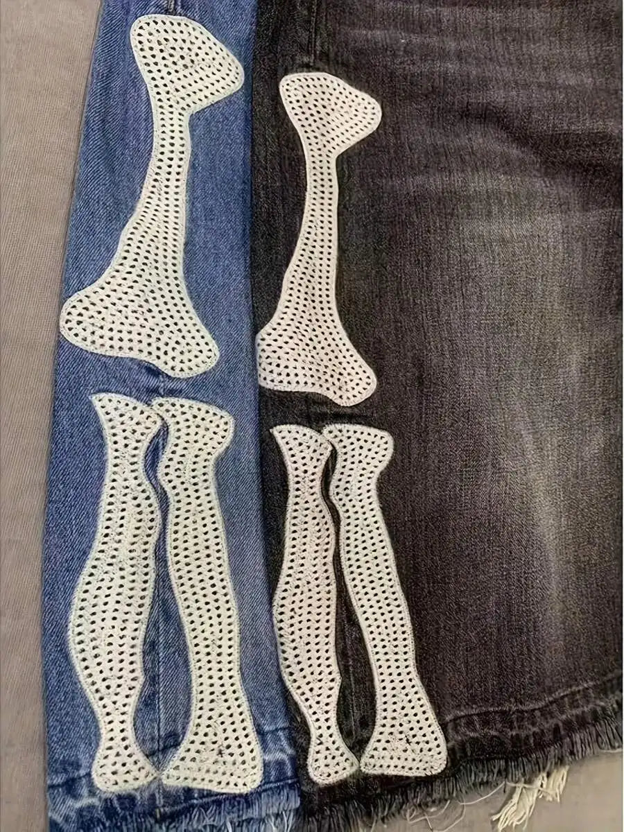 Mens Denim Shorts With Bone Applique Casual Summer Style