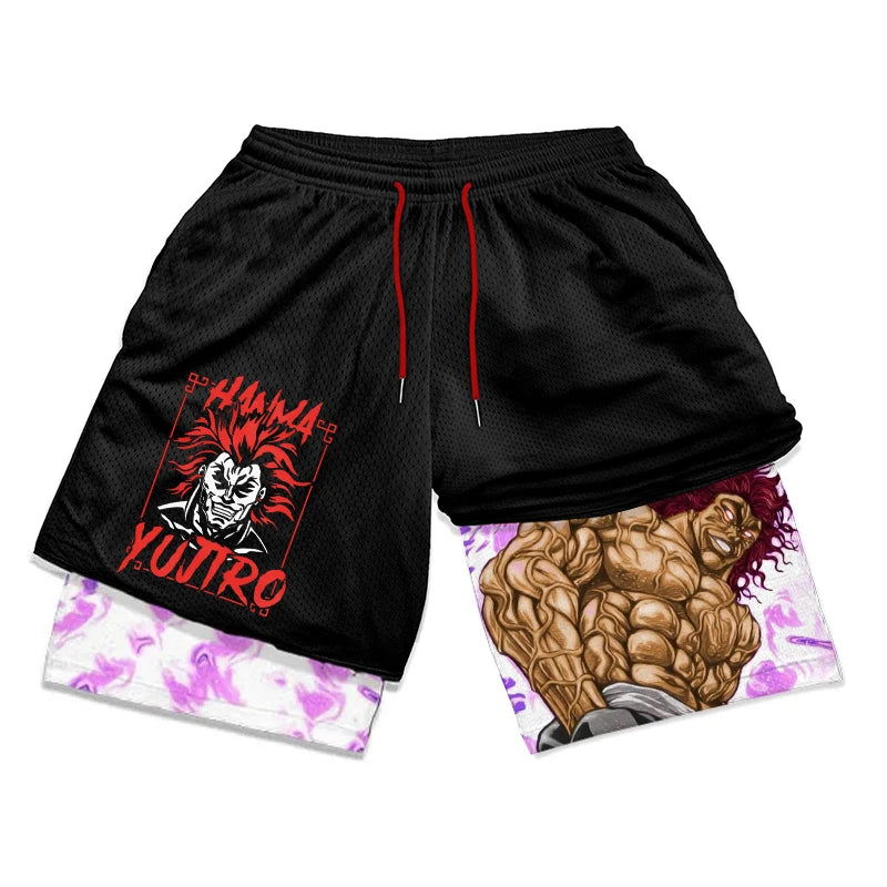 Anime Baki Hanma Gym Workout Shorts for Men Athletic Quick Dry 2 in 1 Compression Shorts Cosplay Costume