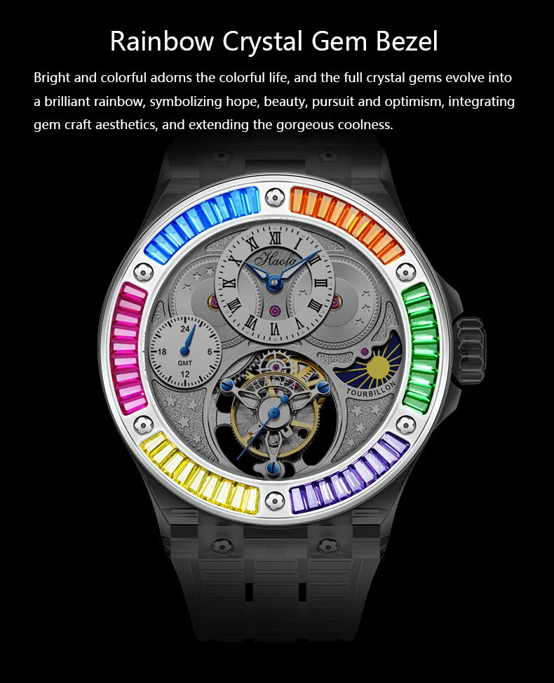 Haofa GMT Tourbillon Man Watch 2101 Luxury Rainbow Crystal Day And Night Manual Tourbillon Mechanical Men Watches Sapphire