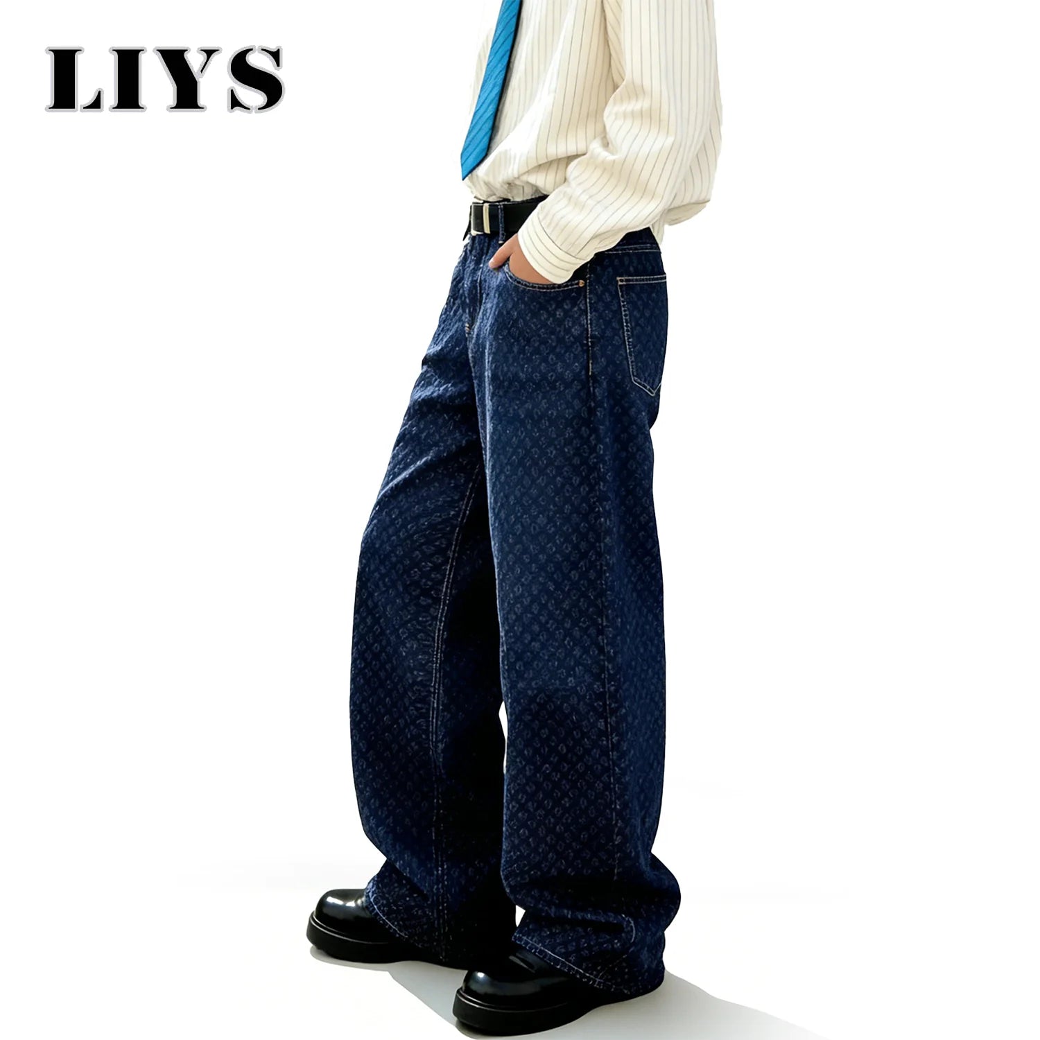 LIYS Trendy Japanese-Korean Jacquard Blue Baggy Straight Leg Jeans American Retro Daily Casual  Wide-leg Denim Pants Unisex