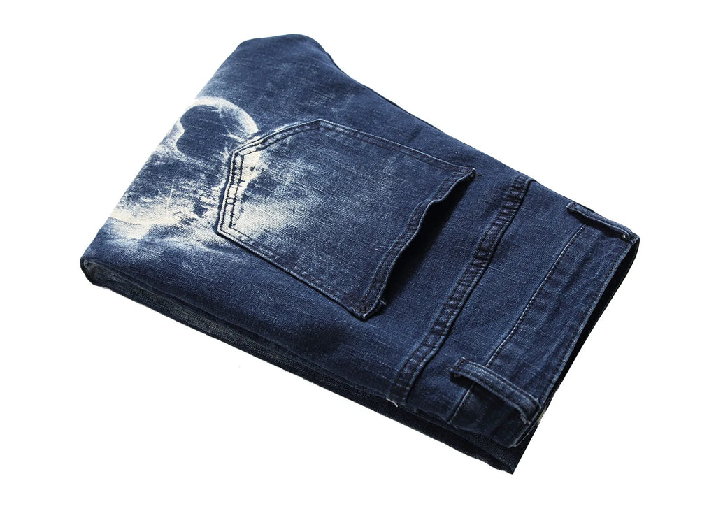 2026 Men's Blue 3D Printing Jeans, Black Wolf Pattern Printed Punk Straight Cotton Casual Print Denim Pants Asian Size 28-42