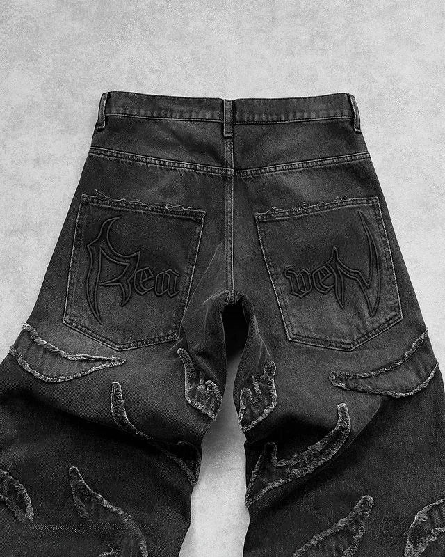 New Y2K Harajuku Retro Graphic Patch Jeans Hip Hop Gothic Raw Edge Embroidery Black Baggy Jeans Wide Leg Denim Pants Mens Womens