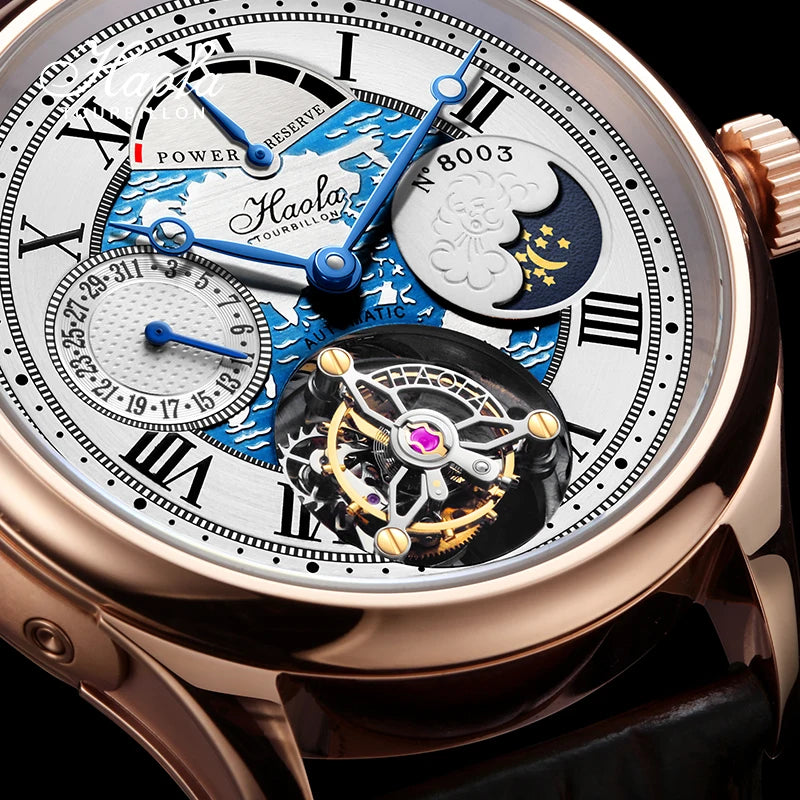 Haofa Automatic Flying Tourbillon Movement Watch Man Luxury Sapphire Skeleton Moon Phase Complete Calendar Watches For Men 8003