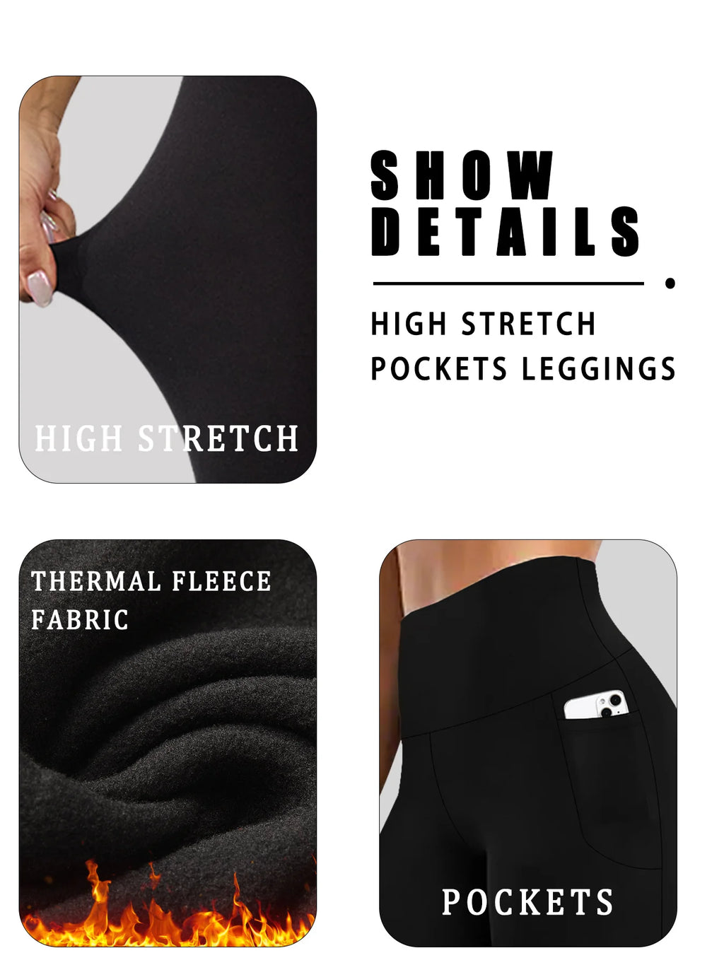 Women's Winter Thermal Leggings with Pockets - High Waisted Fleece Lined Tummy Control Thick Warm Tights for Workout Running