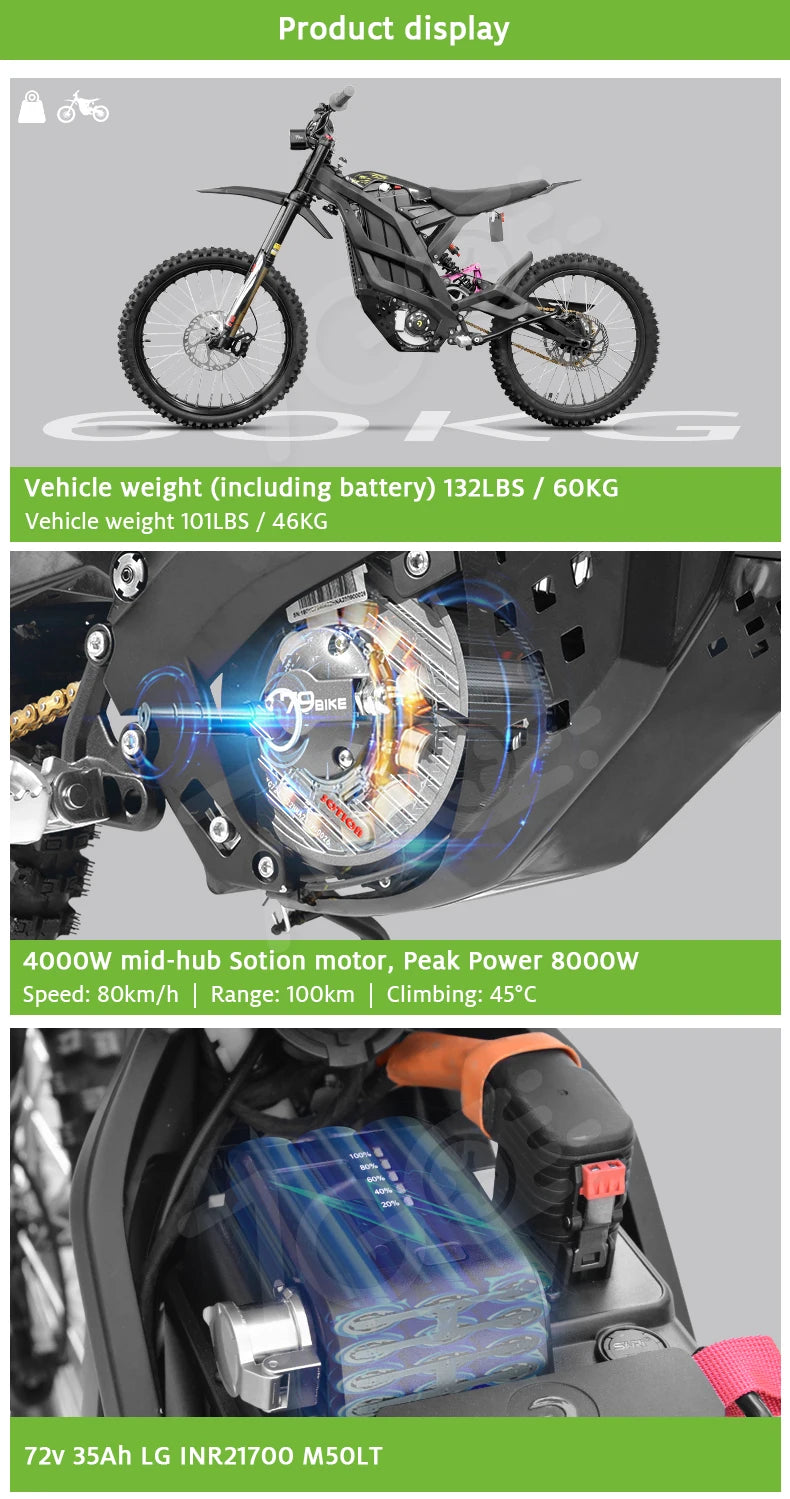 79bike Falcon M Dirt Bike Electric 8000w 50N.m 72V 35AH RE-Gen Break EABS Brake Electric Dirt Bike Adult Enduro Motorcycle