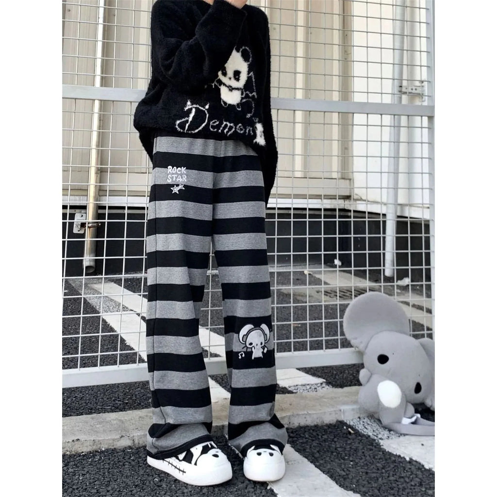 Harajuku Y2K Punk Anime Printed Striped Pants Straight Leg CleanFit PVC Material ex Neutral Sle Casual Trousers