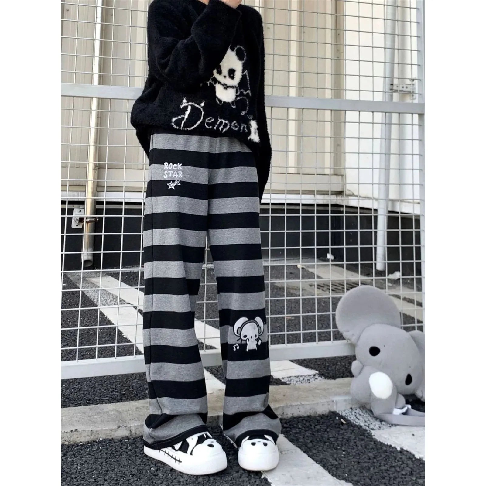 Harajuku Y2K Punk Anime Printed Striped Pants Straight Leg CleanFit PVC Material ex Neutral Sle Casual Trousers