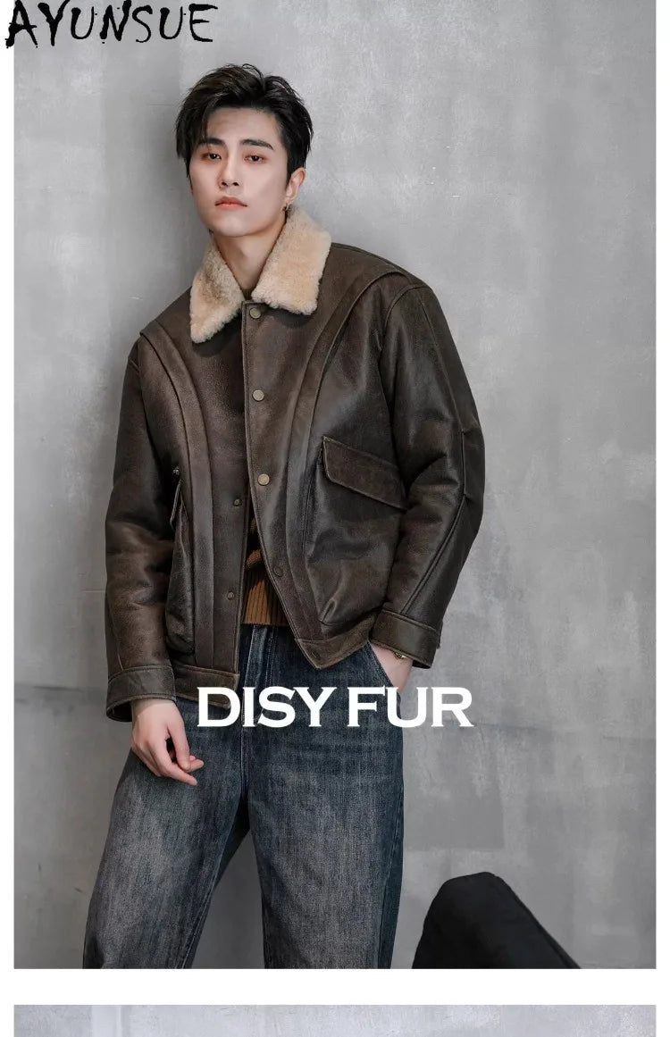 AYUNSUE Natural Sheepskin Fur Coat Men Autumn Winter New Short Real Wool Man Vintage Leather Jacket Motorcycle Fur Coats Jackets