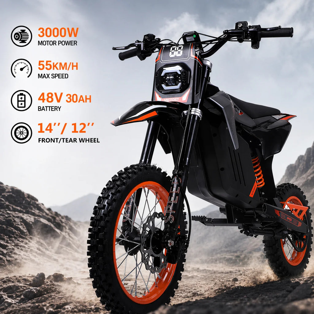 FREEBOY 3000W Electric Dirt Bike for Teens&Adults, 34mph, 48V 30Ah Battery, Off Road Electric Motorcycle with 14''/12'' Tires