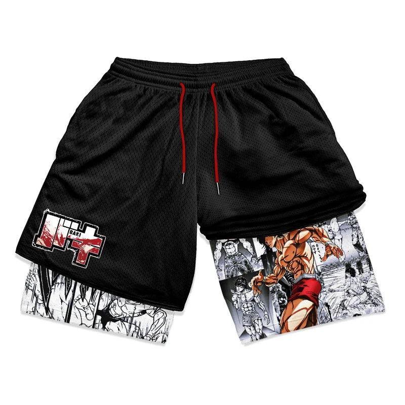 Anime Baki Hanma Gym Workout Shorts for Men Athletic Quick Dry 2 in 1 Compression Shorts Cosplay Costume