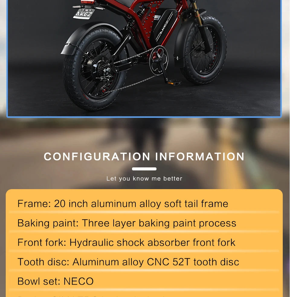 US Stock | AKEZ 52V 1500W E-Bike for Adults, 55Ah Battery, Long Range Powerful Electric Bicycle Aluminum Alloy Frame