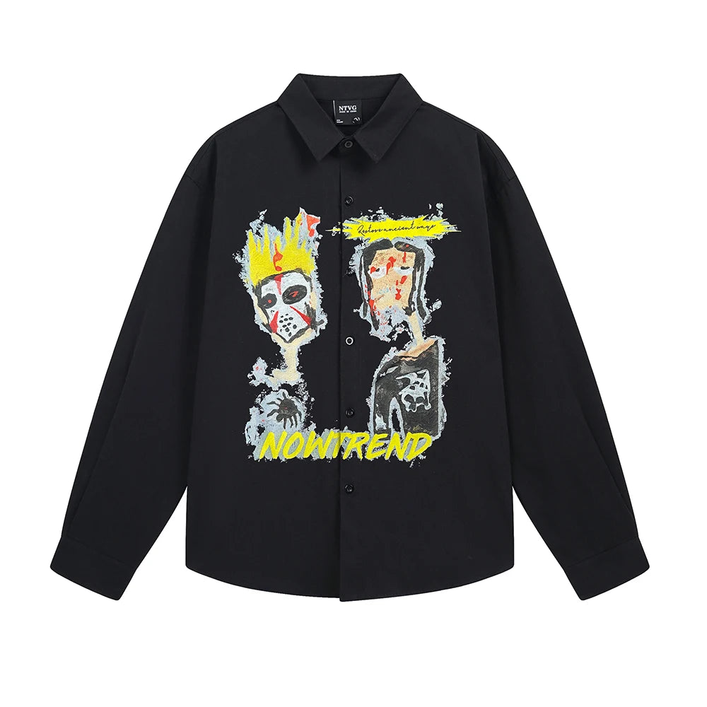 Goth Anime Print Long Sleeve Men's Shirts Y2k Streetwear Designer Tops Oversized T Shirt Korean Japanese Style Punk Man Clothes