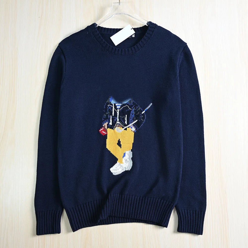 Couples Knitted Cotton Sweater Long Sleeve round Neck Thick Needlework Cartoon Bear Design Casual Youthful Style Cotton Knitwear