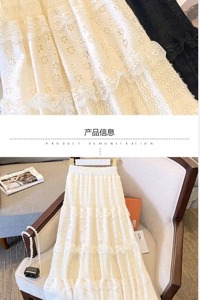 Lace Skirts Women French Style Ankle-length High Elastic Waist Hollow Out Patchwork New Loose Slim Korean  A-line Sweet Fit