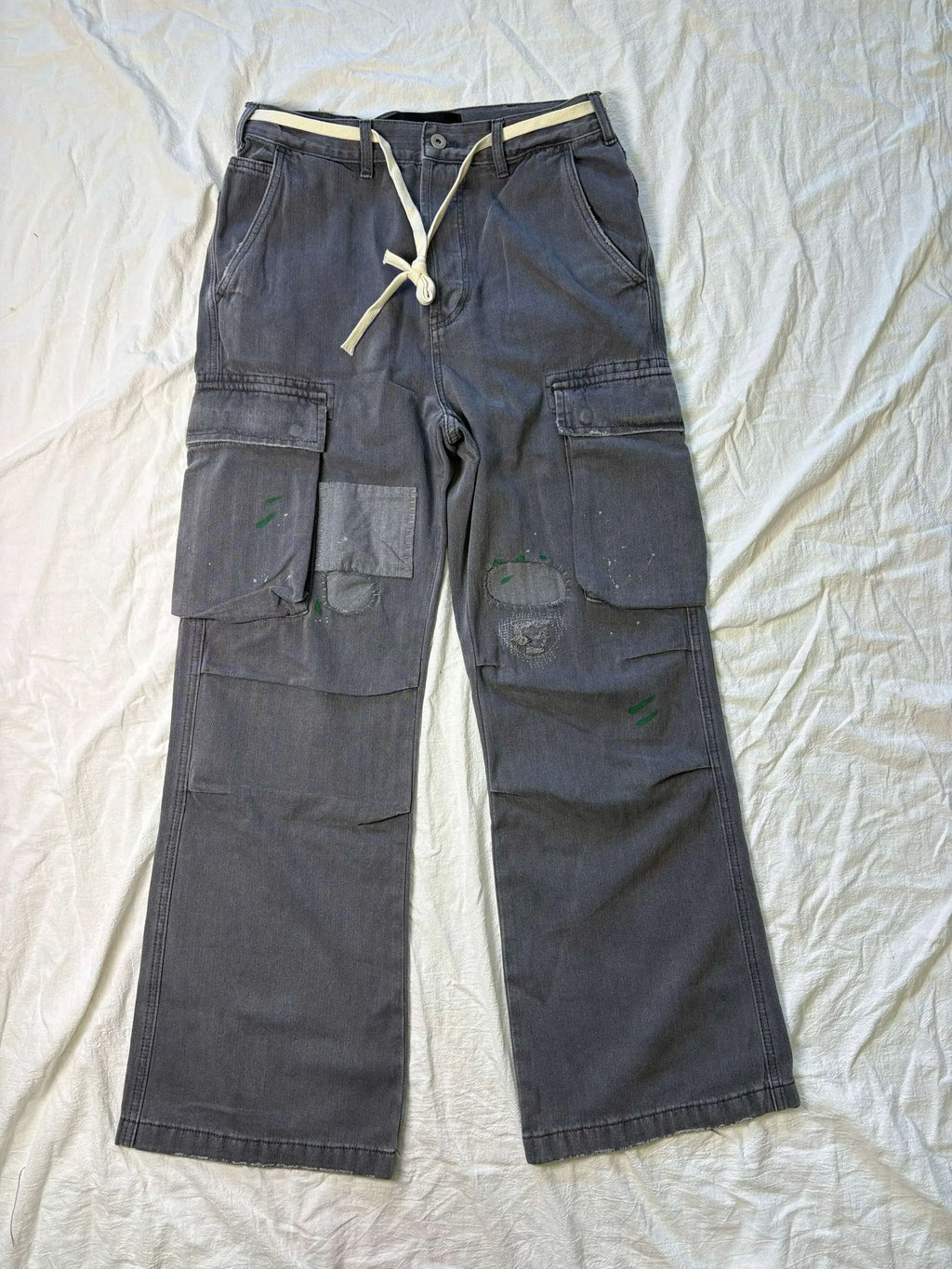 No faith studios herringbone twill grey ripped patch paint multi-pocket overalls