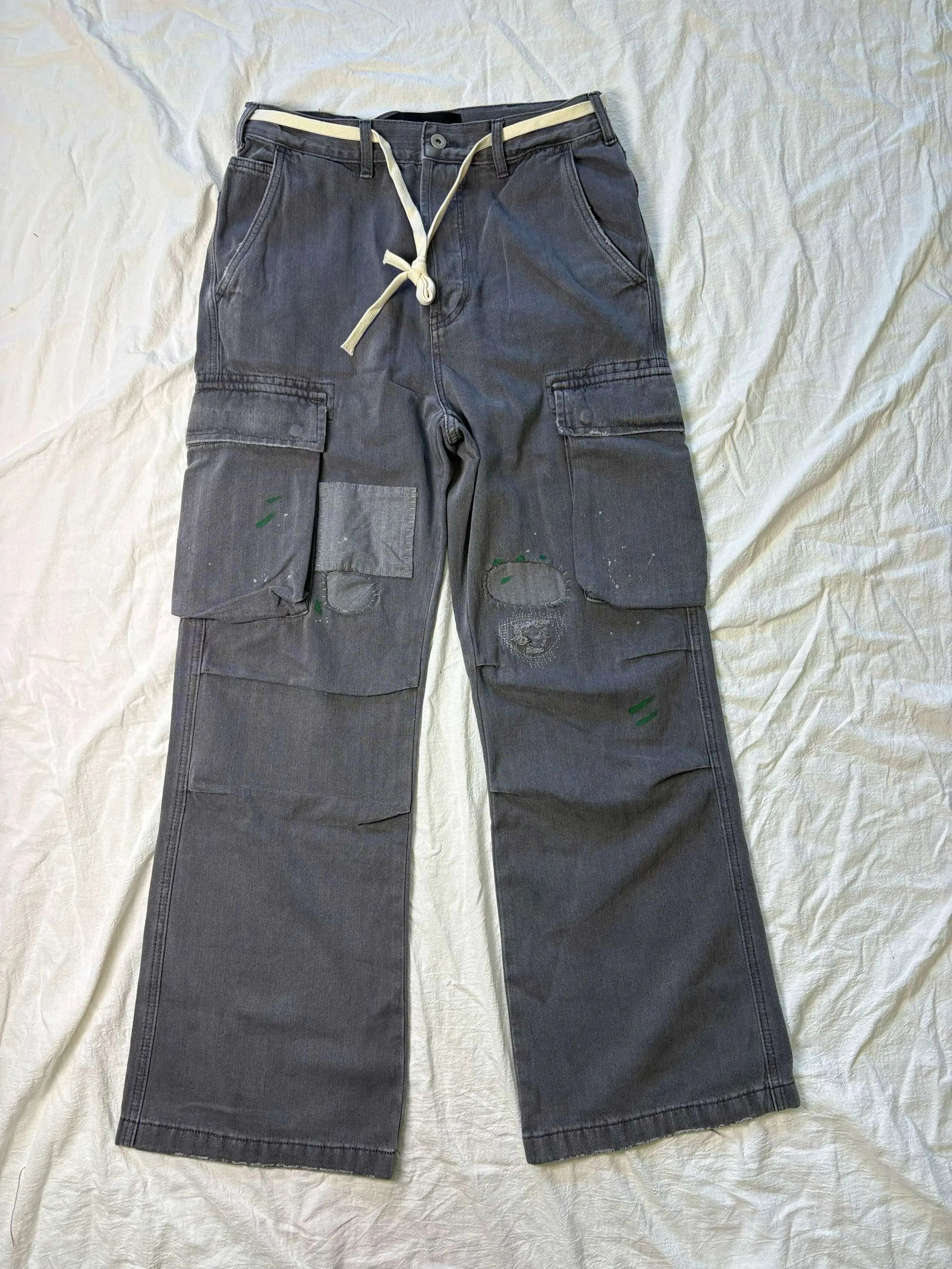 No faith studios herringbone twill grey ripped patch paint multi-pocket overalls