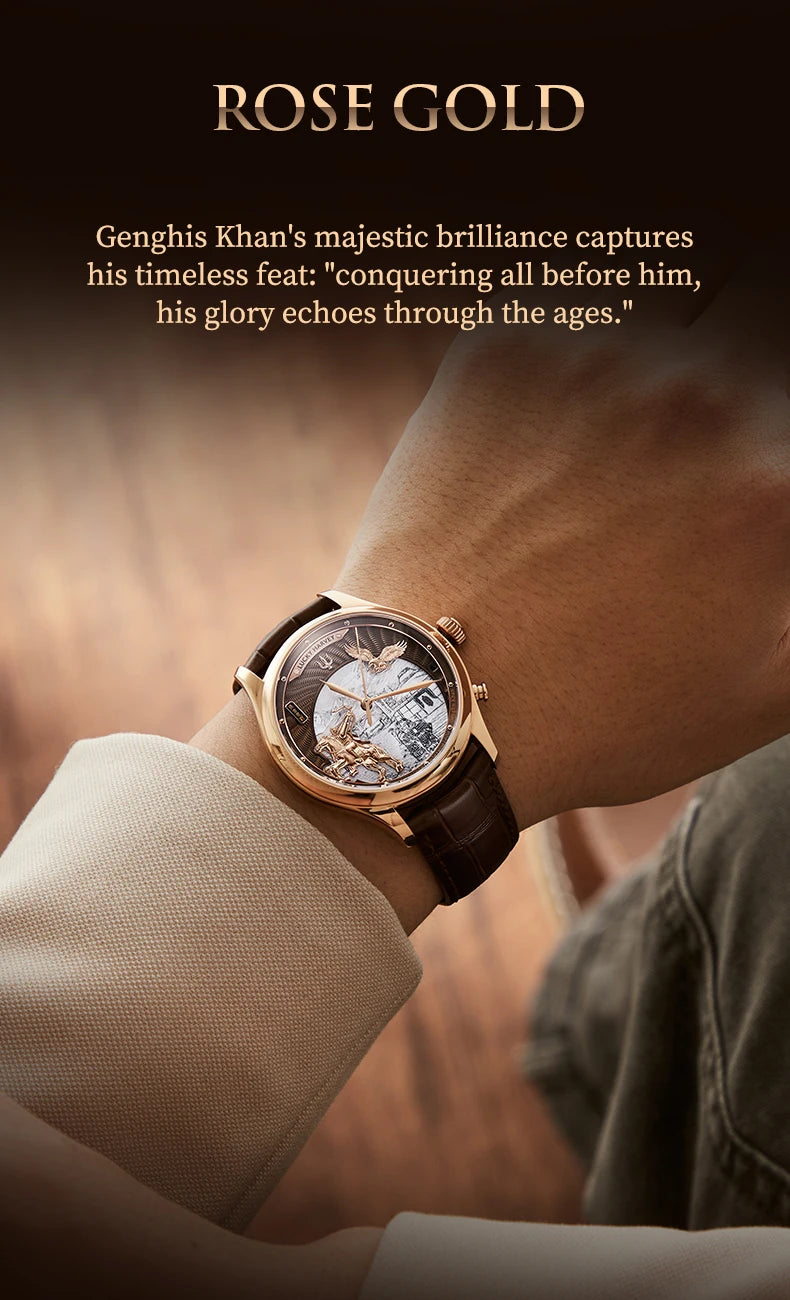 Lucky Harvey 3D Hero Genghis Khan Chiming Watches Guilloché Relief Dial Motion Movement Limited Automatic Mechanical Wristwatch