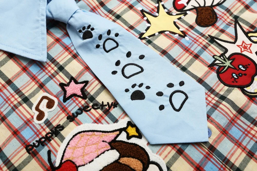 Cartoon Embroidery Short Sleeve Checked Shirt Mens Summer Retro Casual Spliced Lapel Single Breasted Half-Sleeve Plaid Shirts
