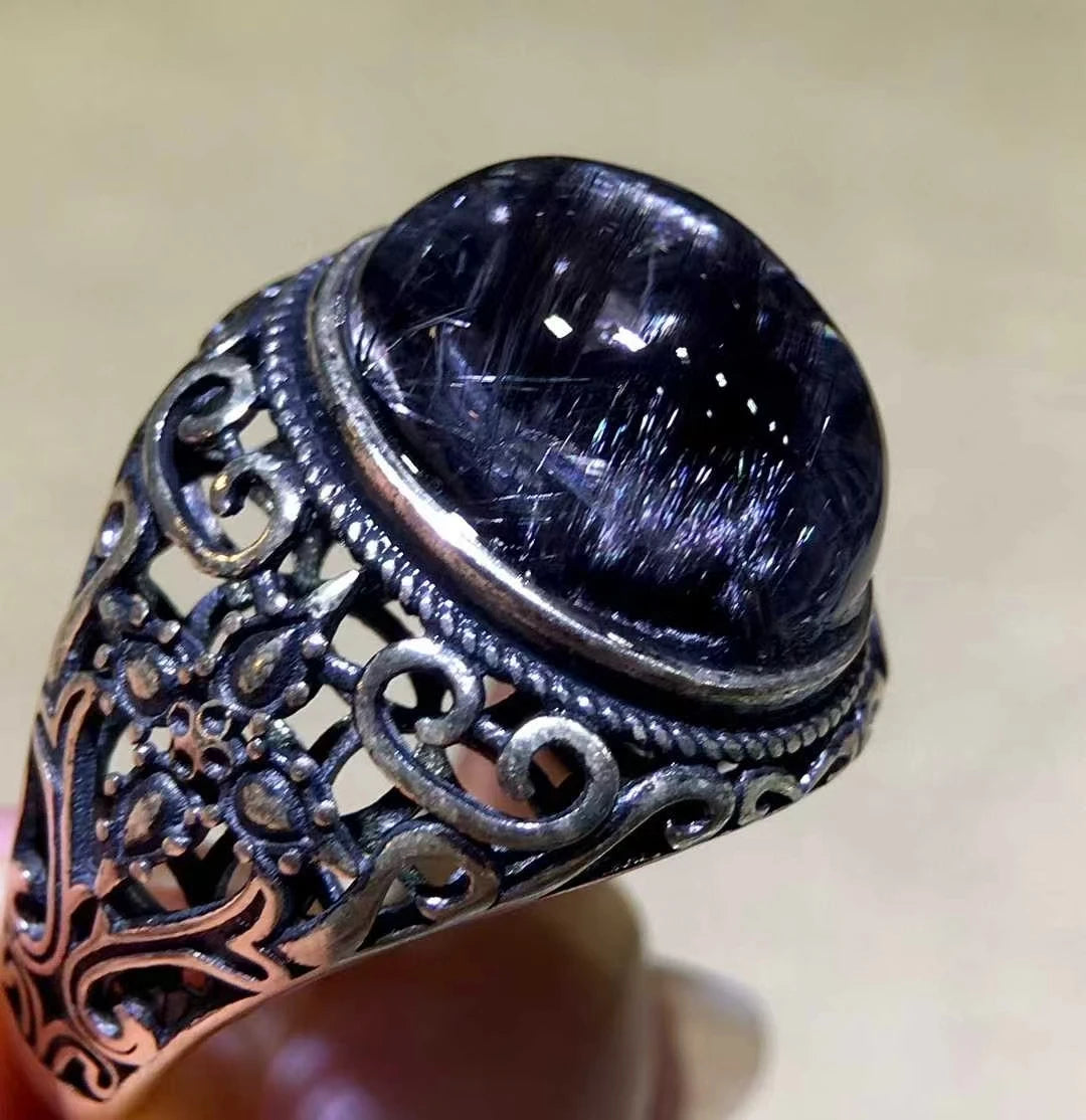 Natural Brookite Platinum Rutilated Quartz Ring Oval 925 Sterling Silver 16.6/14/8mm Woman Men Water Drop Lucky AAAAA