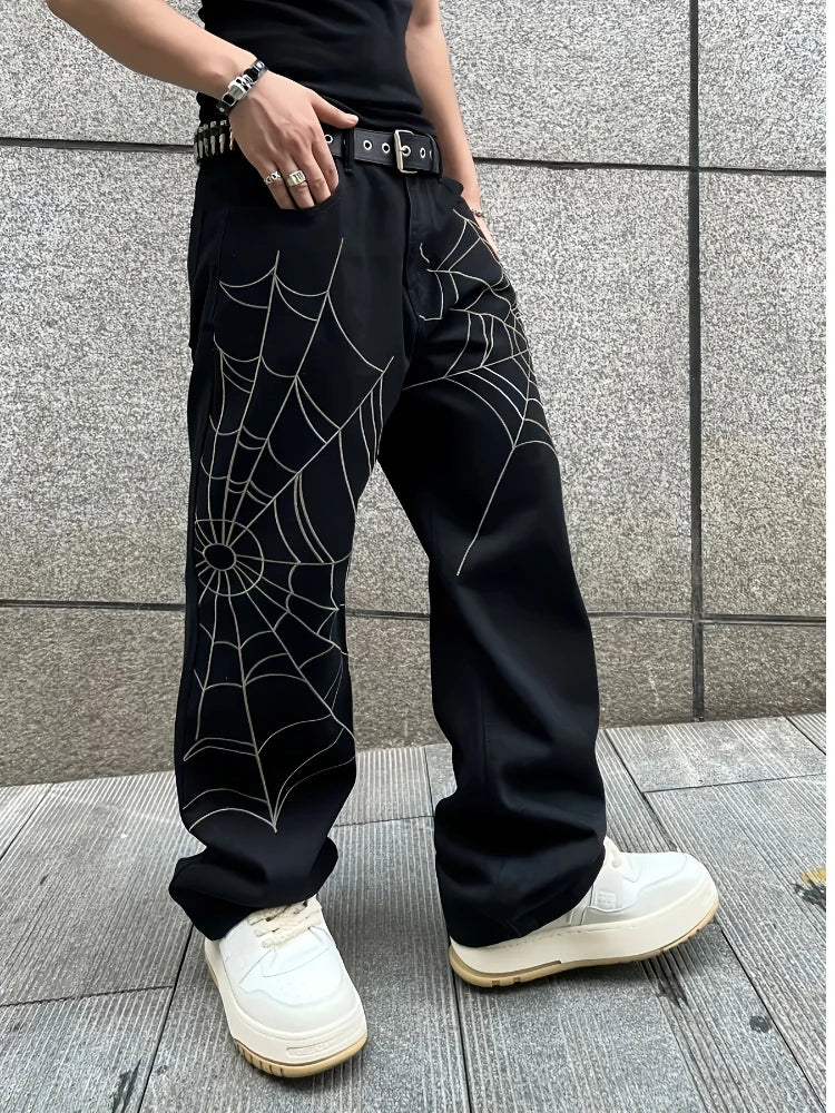 Men's Black Jeans Spider Web Printing Loose Wide Leg Casual Daily Trousers High Street Fashion Trendy Streetwear Denim Pants