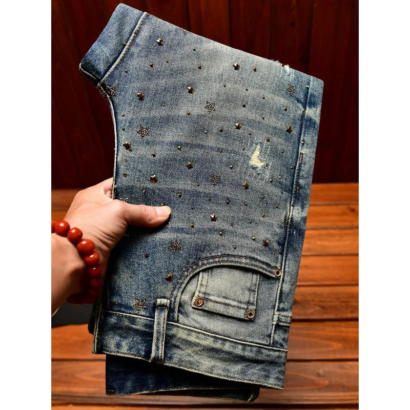 Fashionable light luxury jeans with men's patch design trendy retro elastic ripped pants