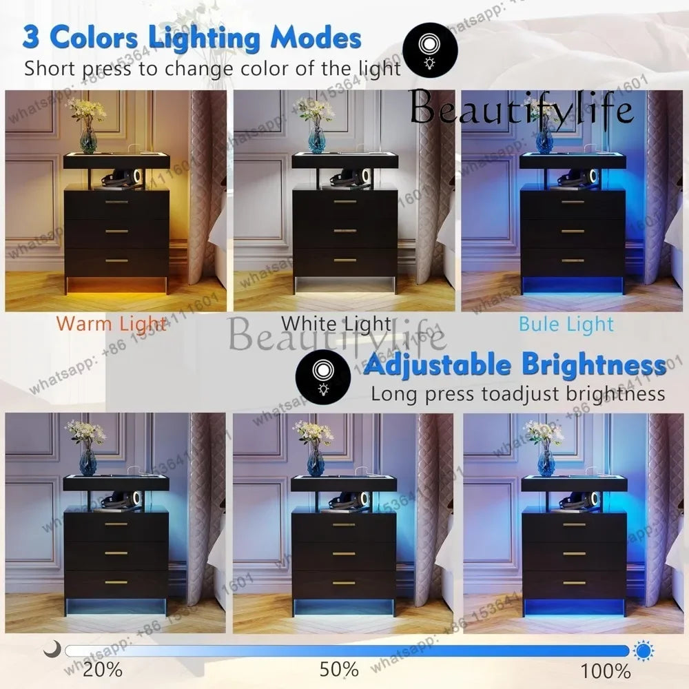 D06Modern Bedside Table 2 Set Nightstands with Wireless Charging Station, Auto Sensor 3 Color Dimmable LED Night Stand