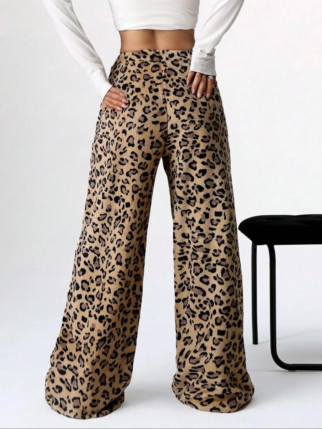 Women Casual Trousers Elastic Waistband Drawstring Tie Pajama Bottoms Leopard Print Wide Leg Lounge Pants