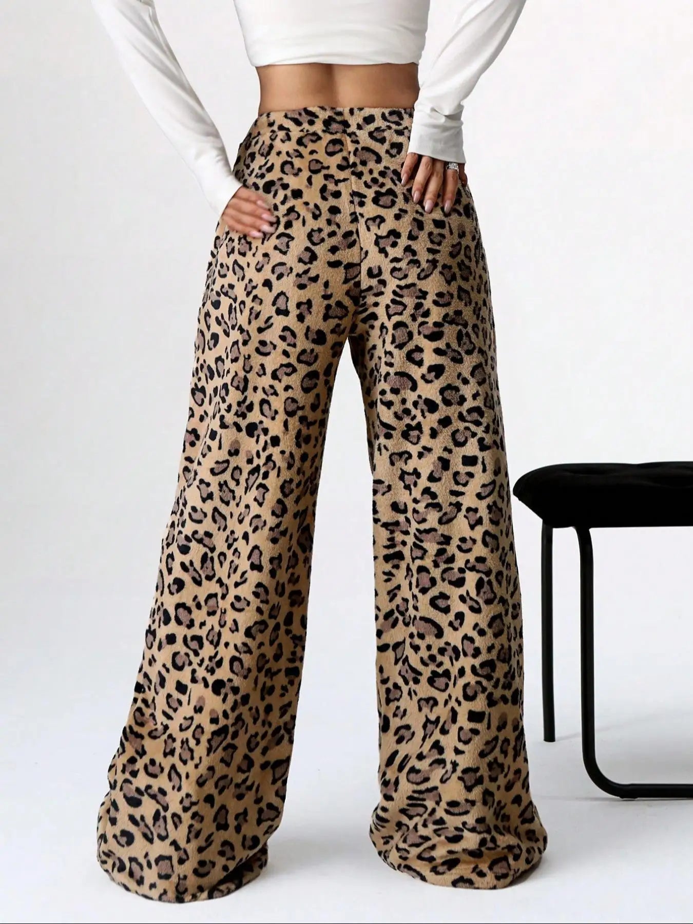 Women Casual Trousers Elastic Waistband Drawstring Tie Pajama Bottoms Leopard Print Wide Leg Lounge Pants