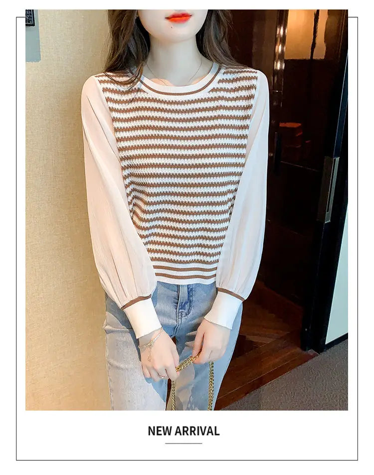 Patchwork Striped Fake Two Pieces Blouse Spring Autumn Long Sleeve O-neck Korean Shirt Tops Fashion Temperament Women Clothing