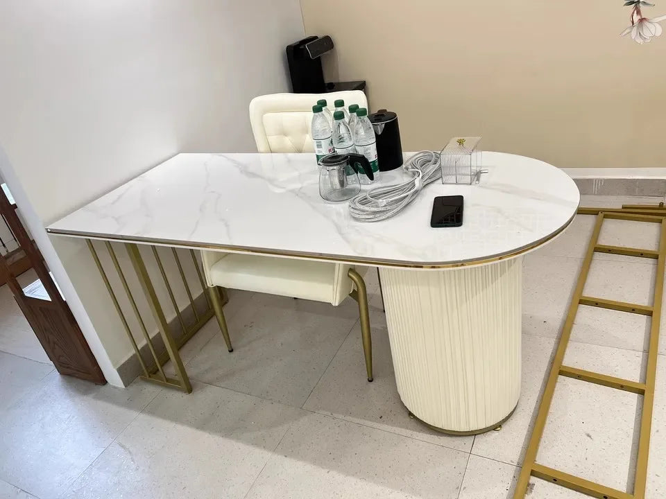 Modern White Executive Office Desk Wooden Computer Table with Gold Metal Legs Home Office Study Writing Workstation
