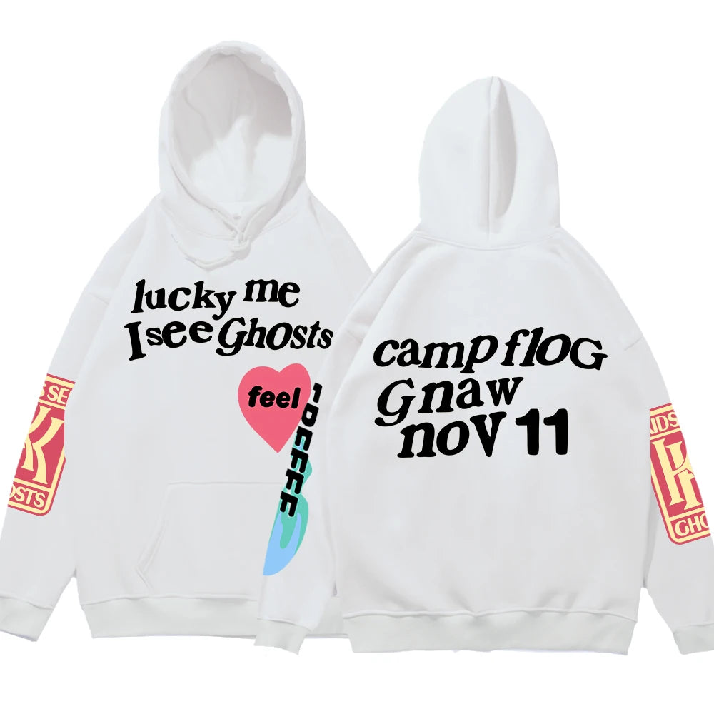Graffiti Letter Printed Loose Hooded Kanye Sweatshirts Men Oversized Fleece Luck Me I See Ghosts Hoodie Unisex Pullover Hoody