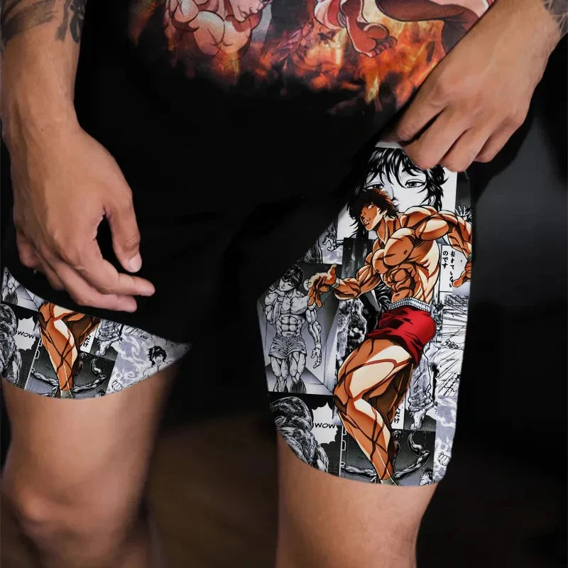 Anime Baki Hanma Gym Workout Shorts for Men Athletic Quick Dry 2 in 1 Compression Shorts Cosplay Costume