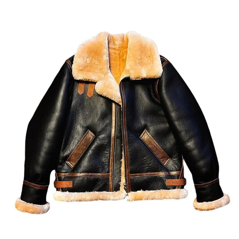 Sheepskin Suit Men's Lambskin Genuine Leather Overcoat Motorcycle Short Leather Fur Coat