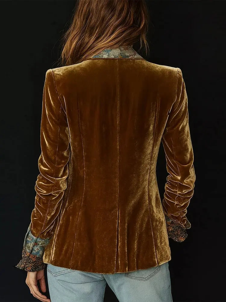 Elegant Velvet Blazer for Women Single Button Lapel Female Blazer Jacket Slim Fit Floral Pattern Outerwear Coat Autumn Winter