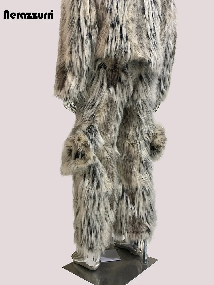 Mauroicardi Winter Long Colorful Multicolored Thick Warm Hairy Fluffy Faux Fur Wide Leg Pants Men Runway Fashion Streetwear 2025