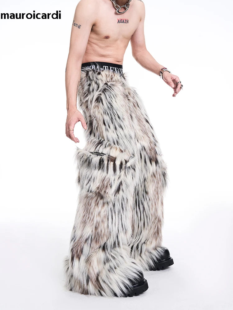 Mauroicardi Autumn Winter Long Colorful Thick Warm Hairy Fluffy Faux Fur Wide Leg Pants Men Pockets Runway Fashion Streetwear