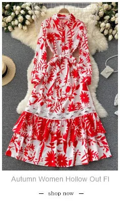 Women Casual Midi Shirt Dress Long Sleeve New Comings Fashion Design Cartoon Print Lady Streetwear Flower Vestidos Large Size