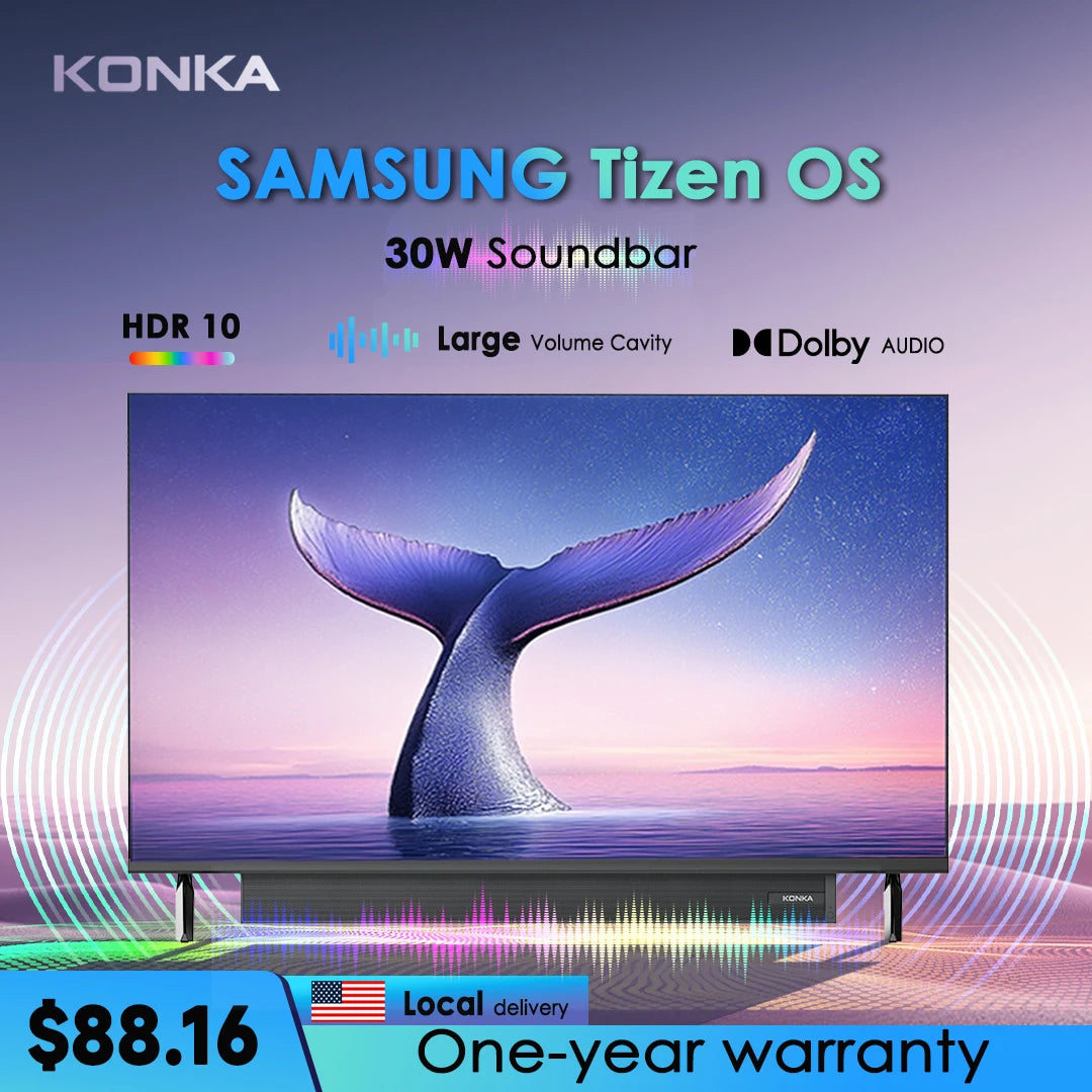 KONKA 32 inch Smart TV 30W Soundbar HDR10 V-Max Display Theater Audio Dynamic Sound Television Tizen OS By SAMSUNG 1Y Warranty