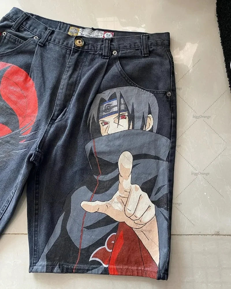 Retro American Trendy Streetwear Y2K Harajuku Anime Printed Denim Shorts Men Gothic Hip-hop Punk Loose Casual Straight Pants