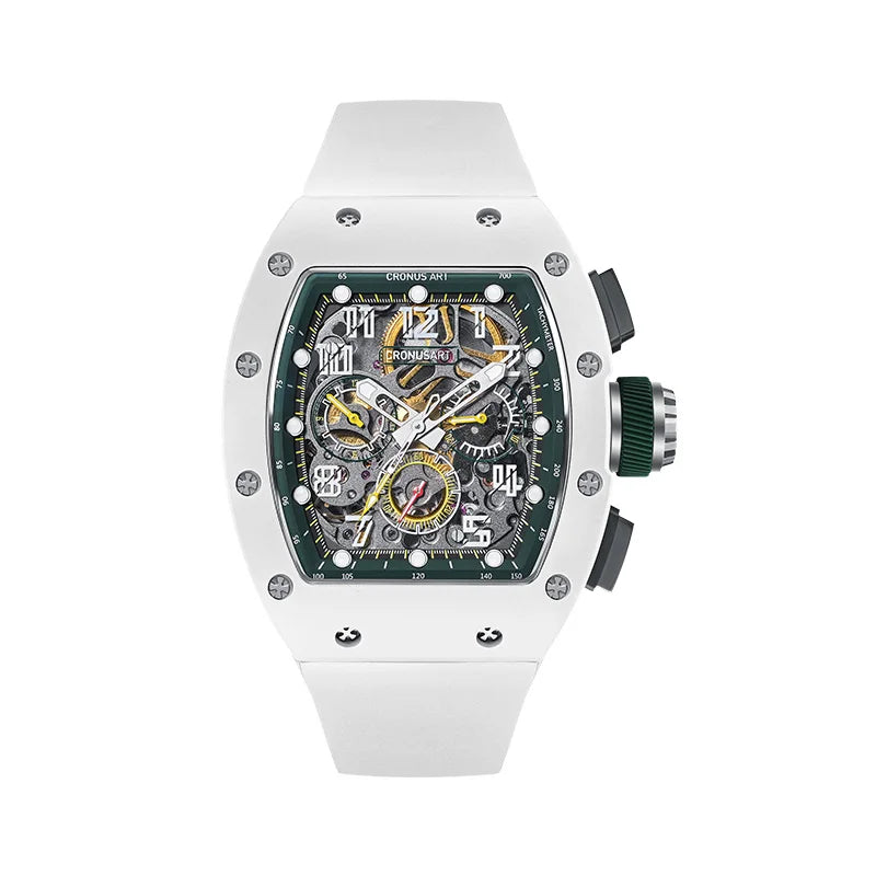 CRONUSART Men Chronograph Watch Tonneau Carbon Steel Case 50mm*42mm Automatic Mechanical Wristwatch Luminous Fluororubber Strap