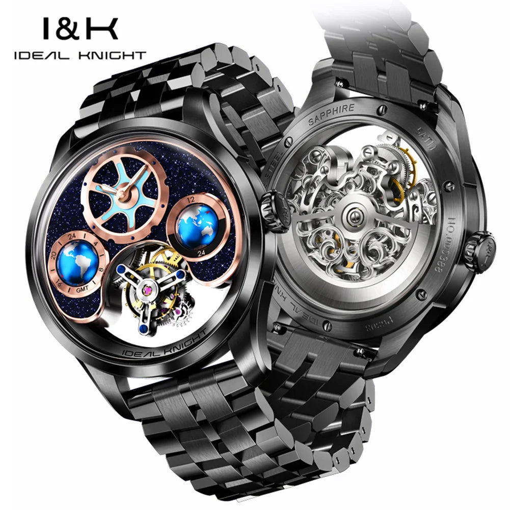 IDEAL KNIGHT Men's Watches Top Brand Luxury Manual Tourbillon Blue Earth Mechanical Wristwatch Waterproof Luminous Sapphire 6808