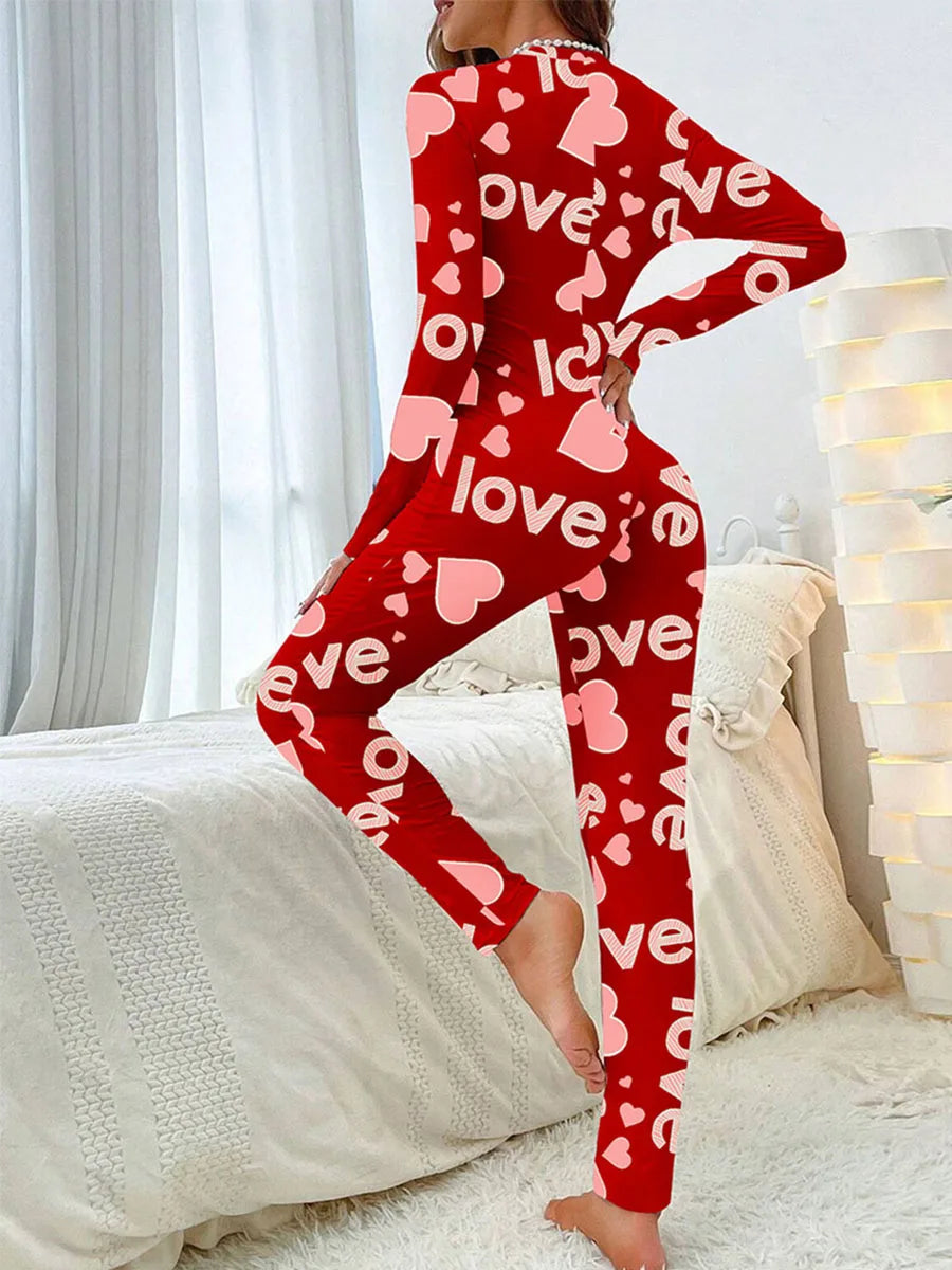 Women Jumpsuit Long Sleeve V Neck Button Closure Letters Heart Print Bodysuit Loungewear Sleepwear for Valentines Day