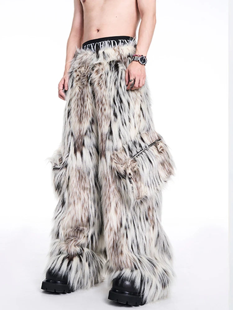 Mauroicardi Autumn Winter Long Colorful Thick Warm Hairy Fluffy Faux Fur Wide Leg Pants Men Pockets Runway Fashion Streetwear