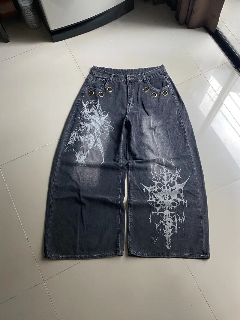 American New Fashion Oversized Pattern Printed Washed Jeans Men Y2K Gothic Rock Popular Casual Joker High Waist Wide Leg Pants