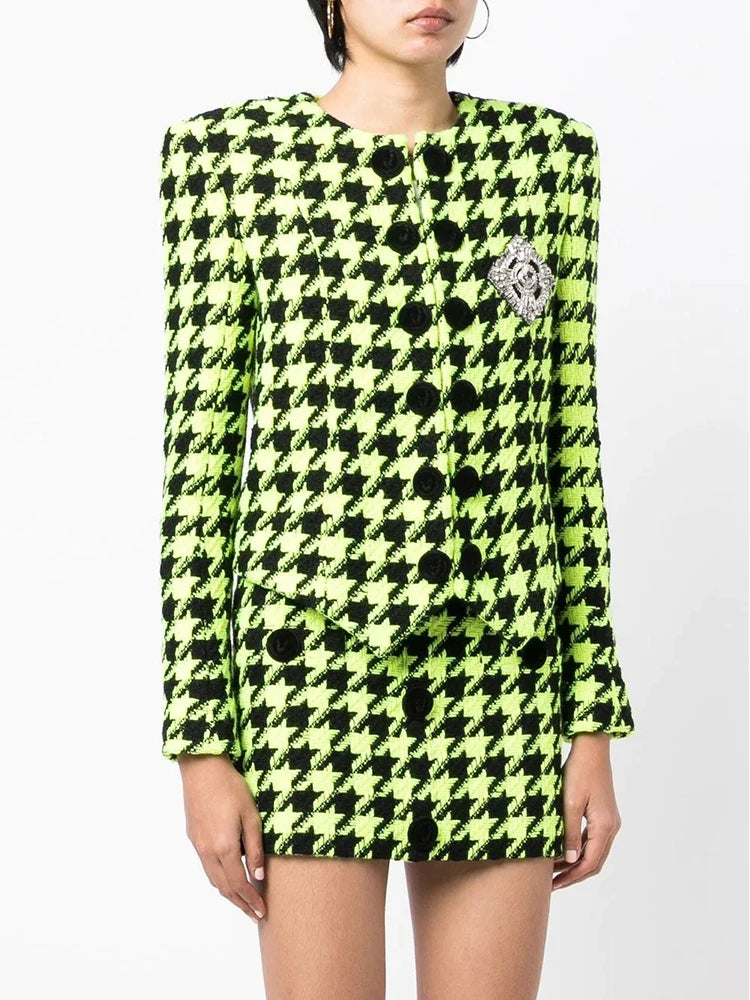 HIGH STREET Newest 2026 Fashion Designer Women's Lion Buttons Logo Beaded Houndstooth Tweed Jacket