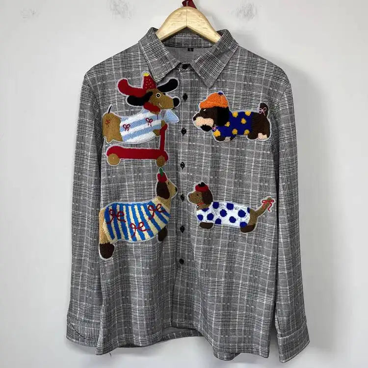 PFHQ Fashion Men's Shirt Cartoon Towel Embroidered Decoration Plaid Design Loose Personality Versatile Male Shirt Tide 21P2205