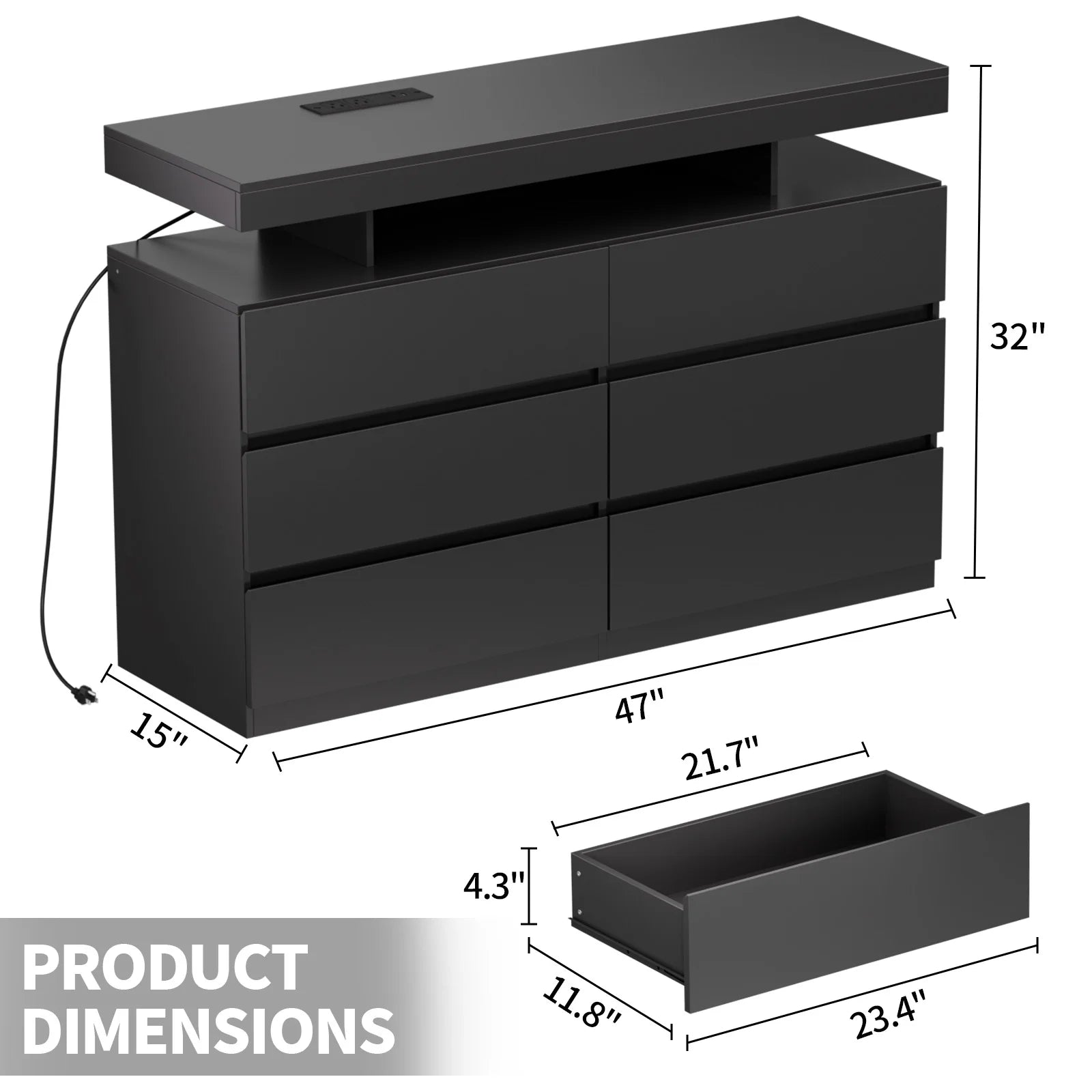 6-Drawer Dresser with Power Outlet with LED Light, Modern Chest of Drawers for Closet, Drawer Organizer Cabinet for Bedroom