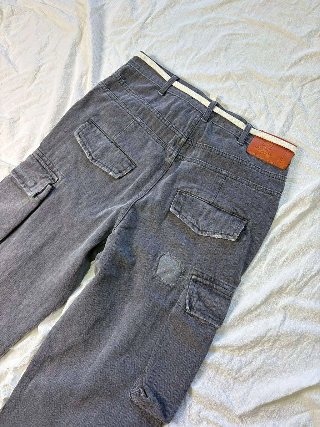No faith studios herringbone twill grey ripped patch paint multi-pocket overalls
