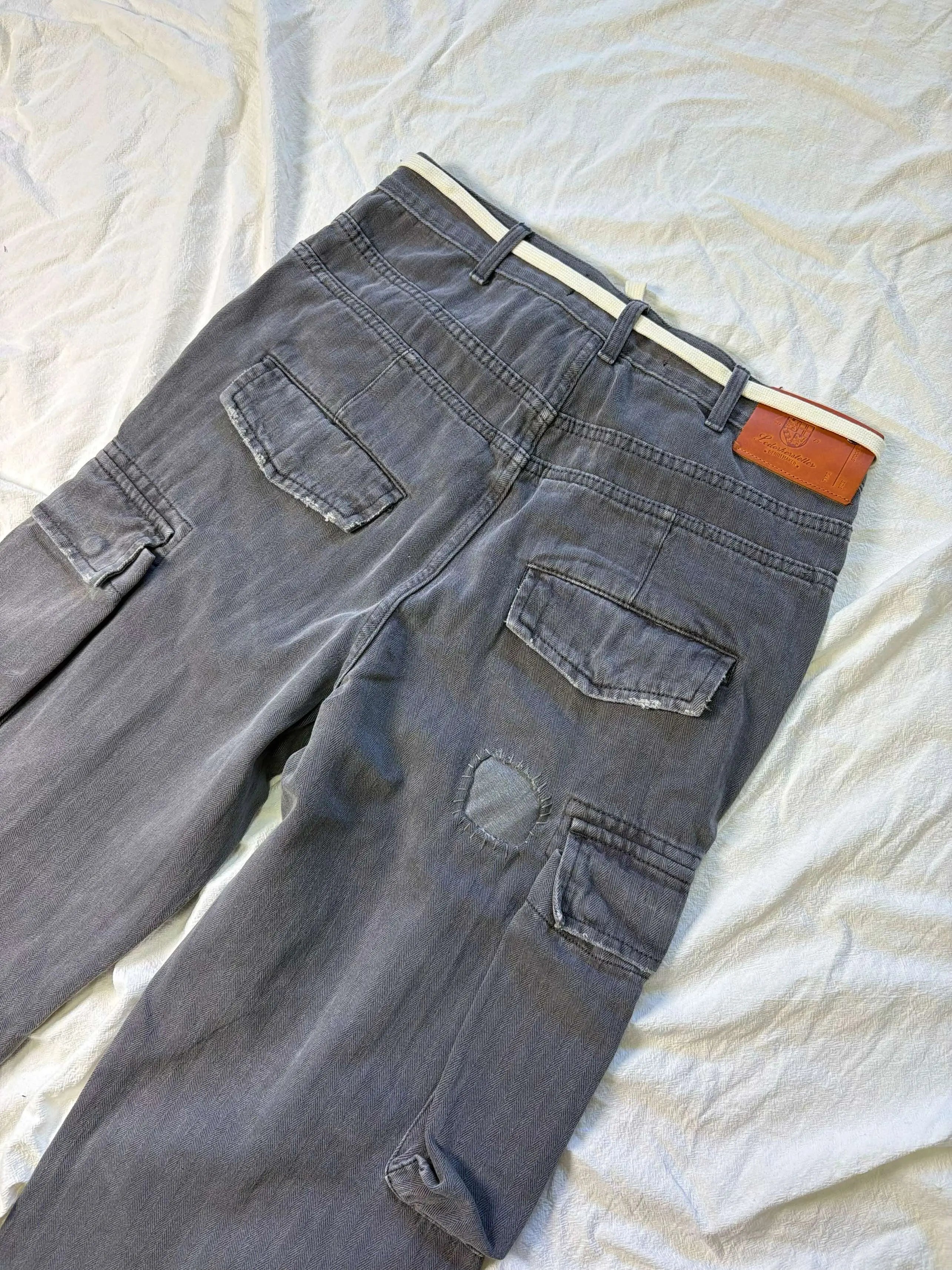 No faith studios herringbone twill grey ripped patch paint multi-pocket overalls