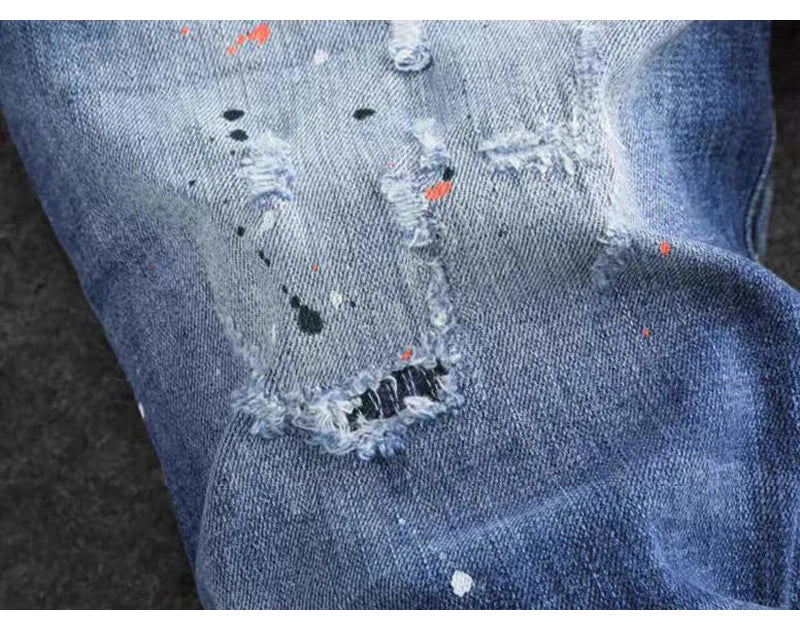 Fashionable new jeans washed with nostalgia, stretchy, slim fit, light blue, men's ripped patch jeans, high street hip-hop pants